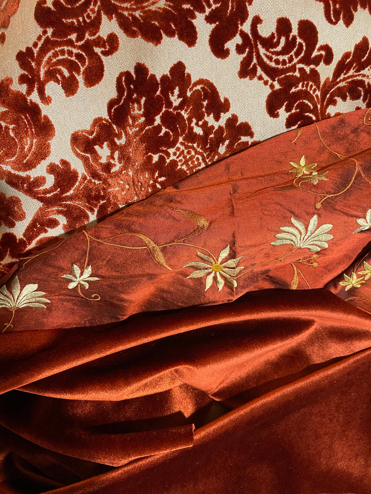 NEW Duke Gabriel Designer Damask Burnout Chenille Velvet Fabric - Rust Red- Upholstery - Fancy Styles Fabric Pierre Frey Lee Jofa Brunschwig & Fils