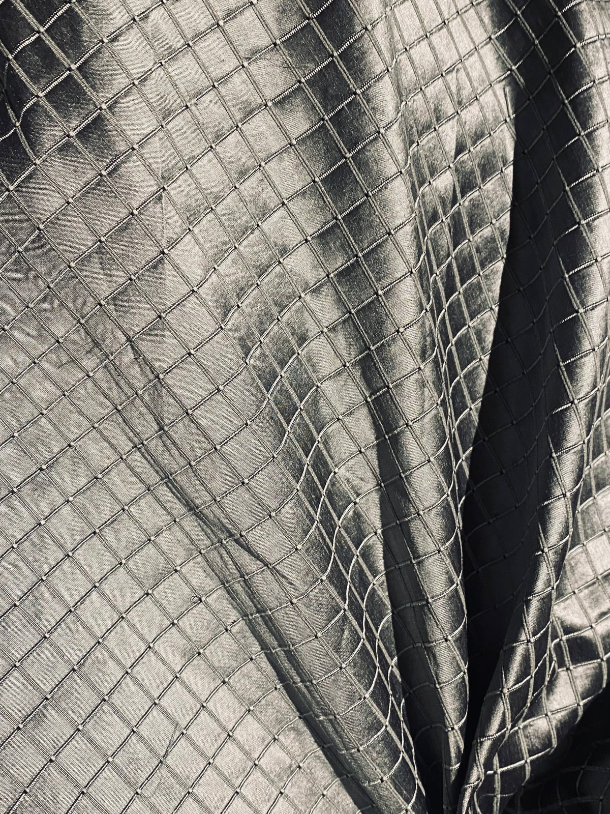 NEW Duchess Jenna 100% Silk Taffeta Fabric- Pewter with Embroidered Squares- SB_6_10 - Fancy Styles Fabric Pierre Frey Lee Jofa Brunschwig & Fils