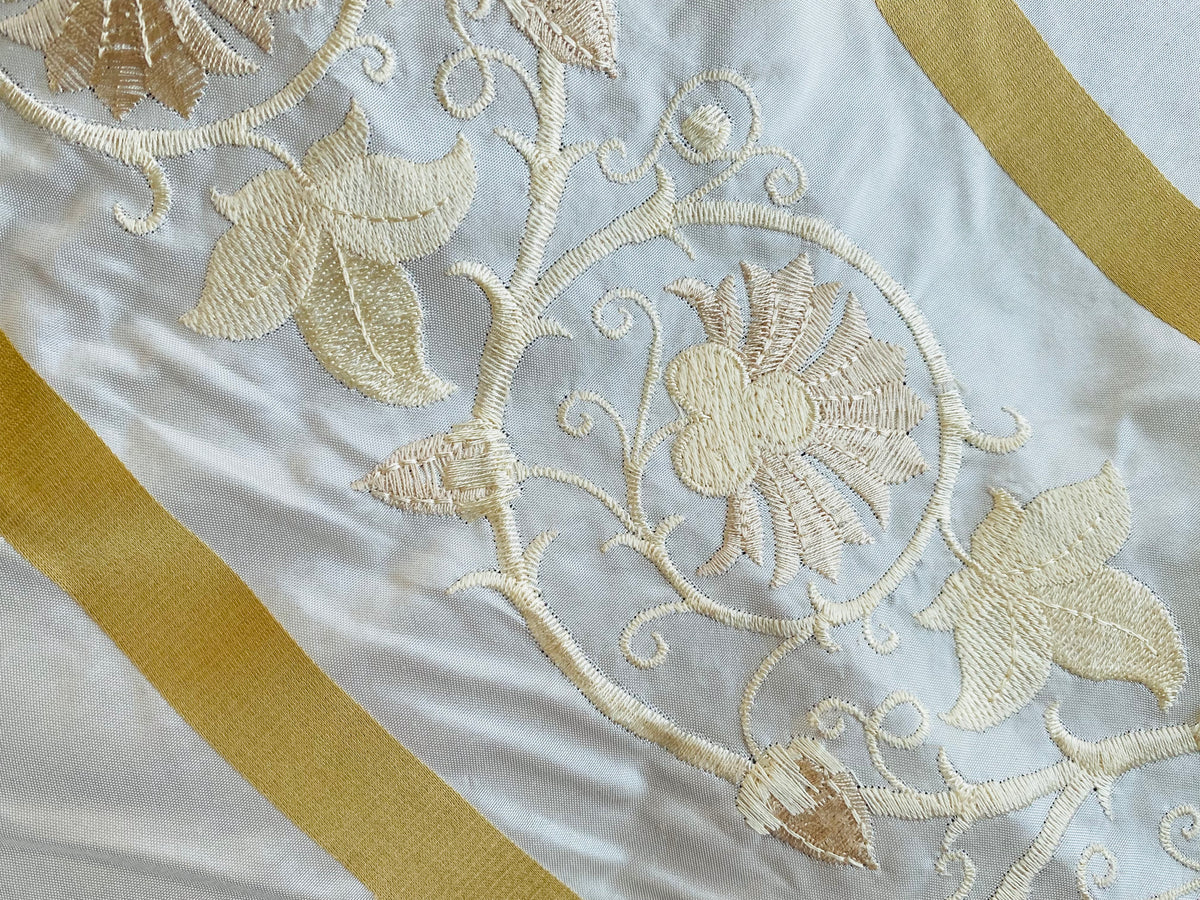 NEW Duchess Jezebel 100% Silk Taffeta Embroidered Scroll Stripe Floral Motif Cream White and Gold - Fancy Styles Fabric Pierre Frey Lee Jofa Brunschwig & Fils
