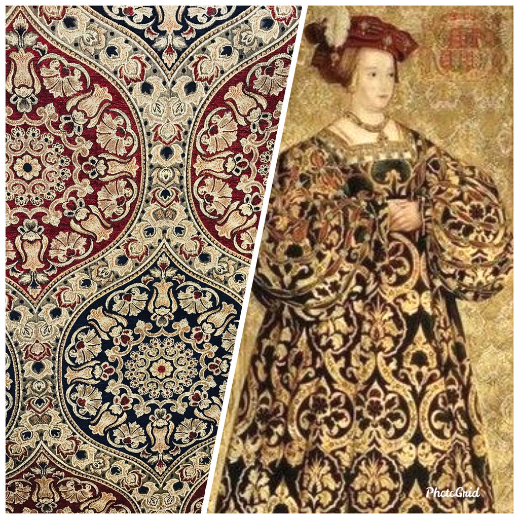 Queen Maria Designer Burnout Italian Velvet Fabric- Red, Navy, & Gold - Upholstery - Fancy Styles Fabric Pierre Frey Lee Jofa Brunschwig & Fils