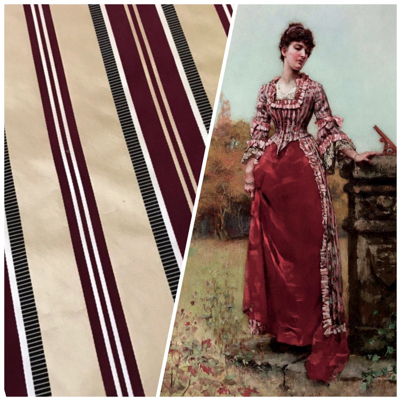 NEW Lady Rosalyn 100% Silk Taffeta Burgundy and Beige Satin Ribbon Striped Fabric - Fancy Styles Fabric Pierre Frey Lee Jofa Brunschwig & Fils