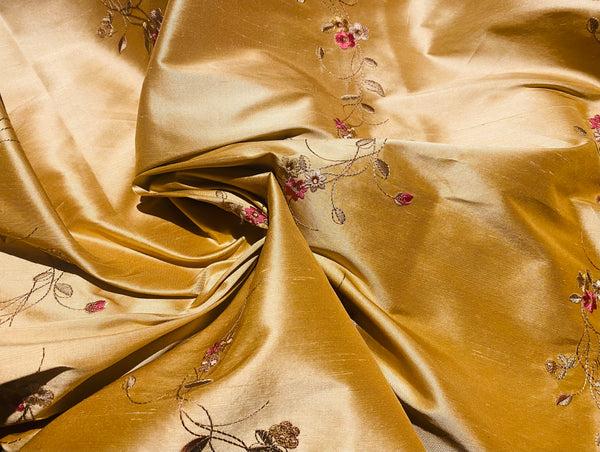 NEW! Duchess Rowena 100% Silk Dupioni Embroidery Floral Fabric- Golden Yellow SB_3_10 - Fancy Styles Fabric Pierre Frey Lee Jofa Brunschwig & Fils