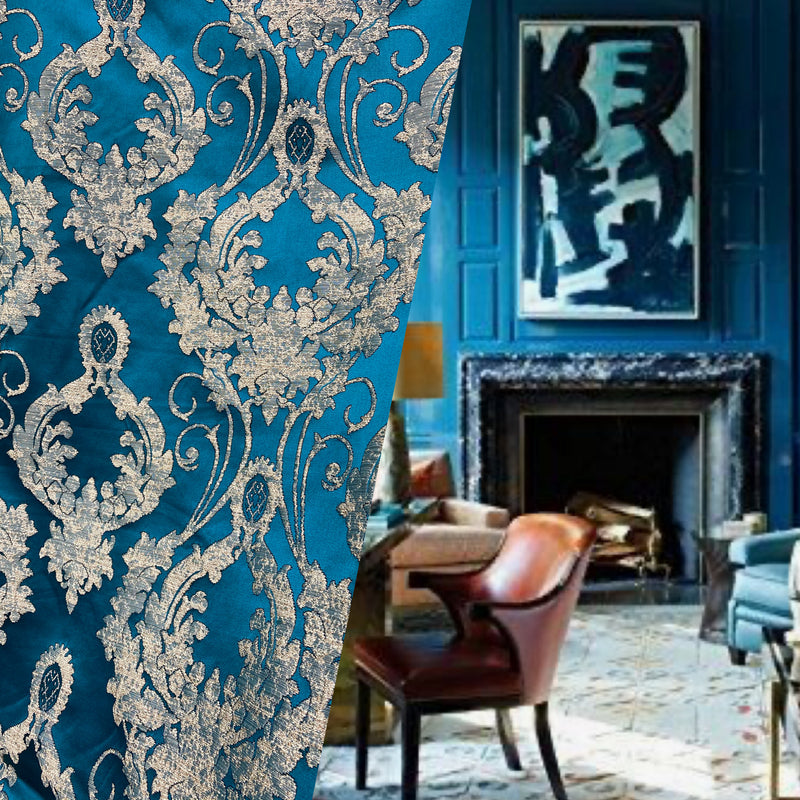 NEW Lord Tustin Brocade Upholstery & Drapery Satin Damask Fabric - Teal Peacock Blue - Fancy Styles Fabric Pierre Frey Lee Jofa Brunschwig & Fils
