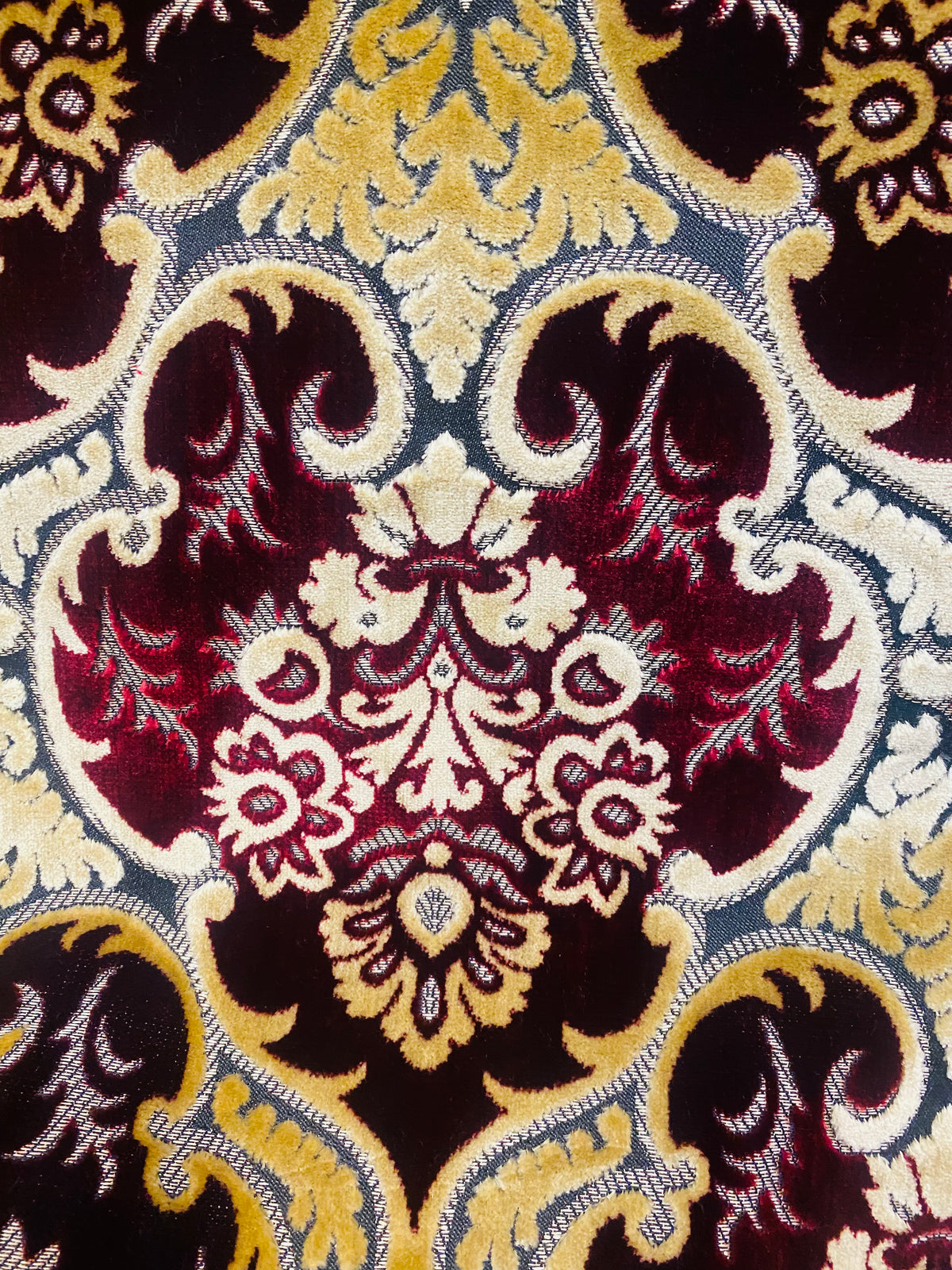 NEW Sir Scott Designer Italian Burnout Medallion Chenille Velvet Fabric Ruby Red and Beige Yellow- Upholstery - Fancy Styles Fabric Pierre Frey Lee Jofa Brunschwig & Fils
