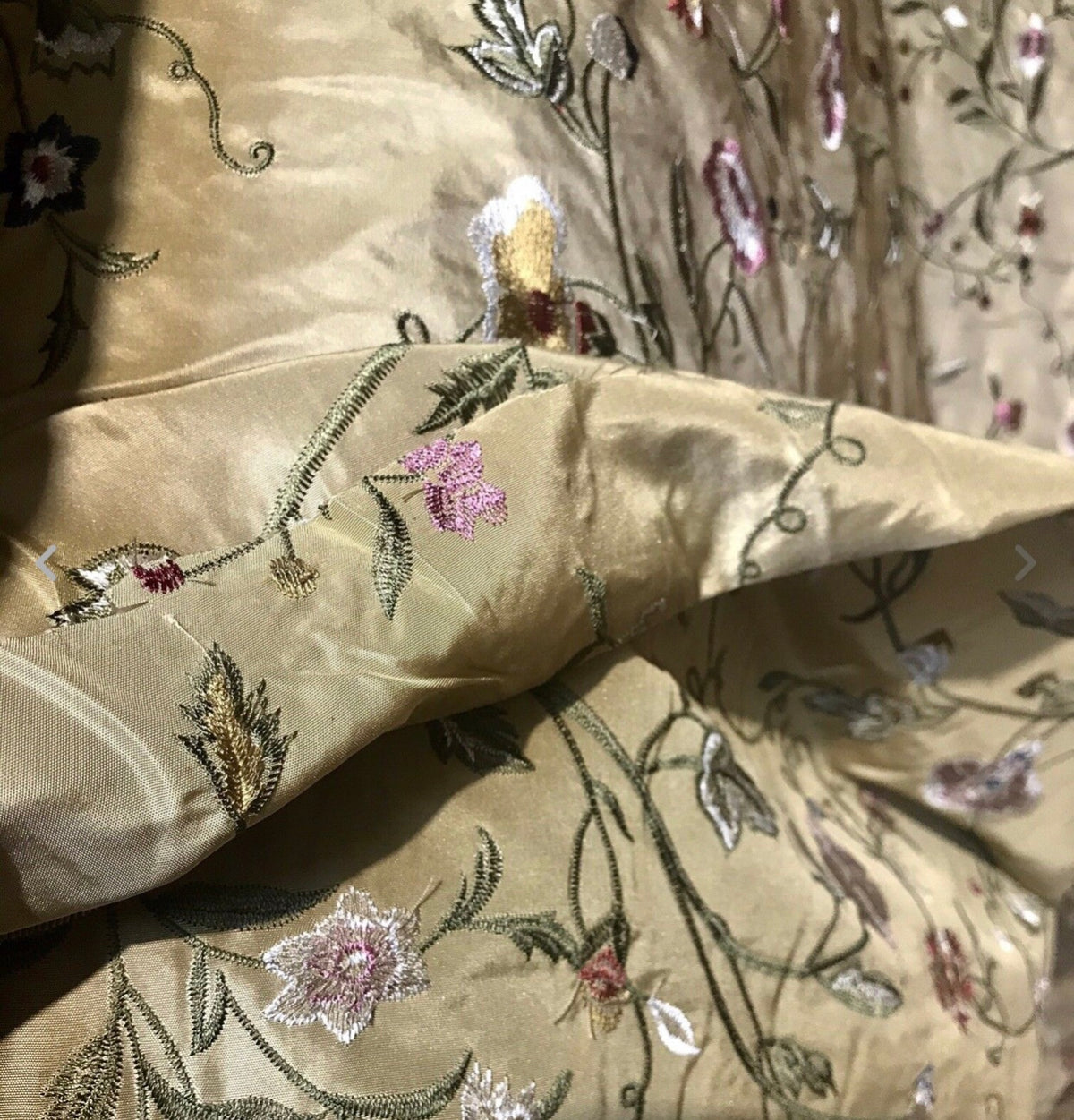 NEW! BACK IN STOCK! SALE! Lady Melody Designer 100% Silk Taffeta Embroidered Floral Fabric - Gold GFSAY0002 - Fancy Styles Fabric Pierre Frey Lee Jofa Brunschwig & Fils