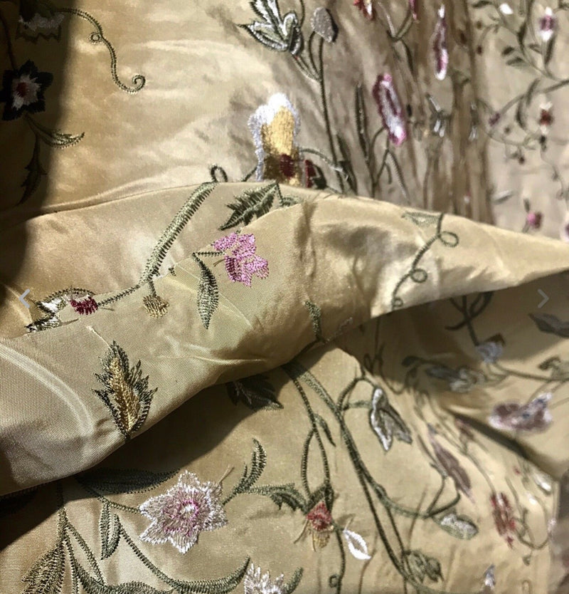 NEW! BACK IN STOCK! SALE! Lady Melody Designer 100% Silk Taffeta Embroidered Floral Fabric - Gold GFSAY0002 - Fancy Styles Fabric Pierre Frey Lee Jofa Brunschwig & Fils
