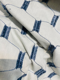 NEW! SALE! Prince Juniper Novelty 100% Linen Fabric Geometric Tassle Embroidery- Natural and Blue - Fancy Styles Fabric Pierre Frey Lee Jofa Brunschwig & Fils
