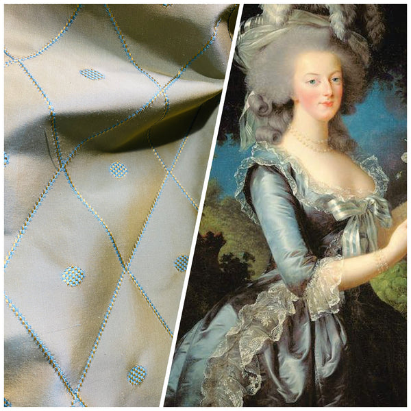 NEW Princess Mia 100% Silk Duck Egg Blue Embroidered Diamond Motif Taffeta Fabric with Peach Iridescent - Fancy Styles Fabric Pierre Frey Lee Jofa Brunschwig & Fils