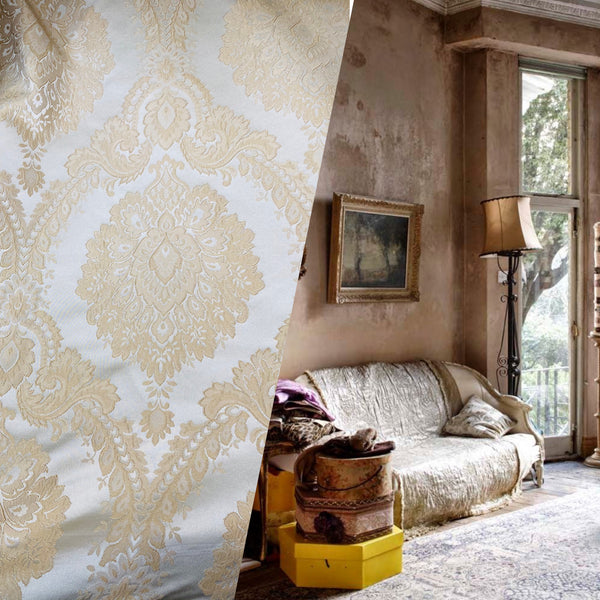 NEW! Prince Prescott Brocade Medallion Satin Fabric- Peach Gold and White - Fancy Styles Fabric Pierre Frey Lee Jofa Brunschwig & Fils
