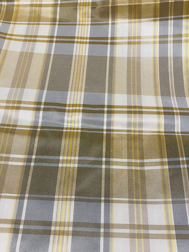 NEW Lady Riddle Designer 100% Silk Taffeta Plaid Tartan Fabric -Gold and Grey SB_6_20