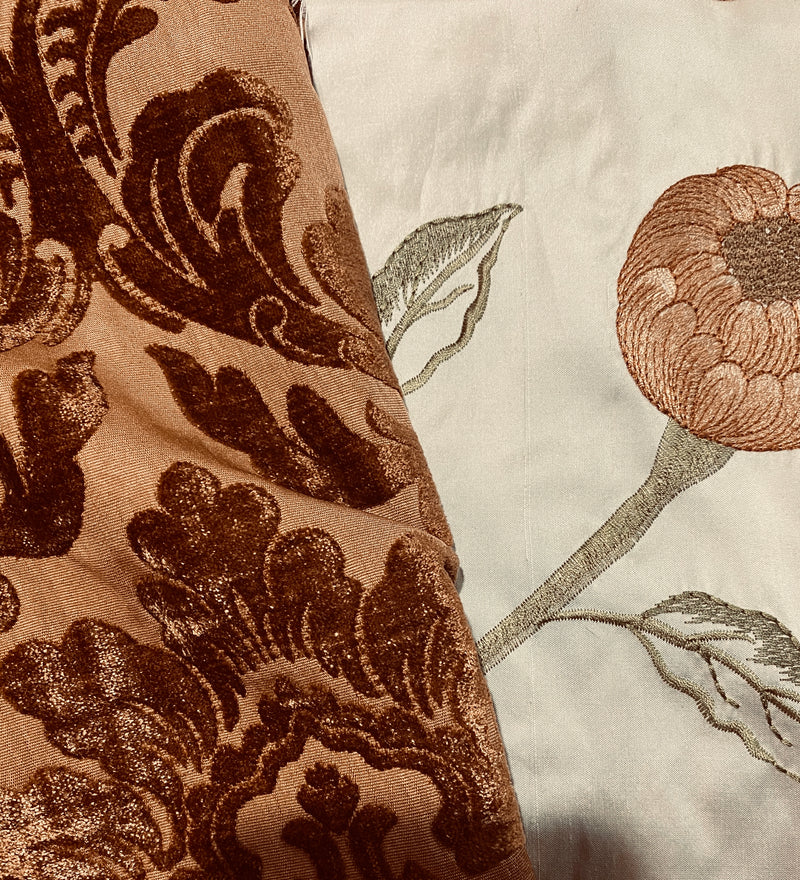 Queen Isabella Designer Damask Burnout Chenille Velvet Fabric - Amber BTY - Fancy Styles Fabric Pierre Frey Lee Jofa Brunschwig & Fils