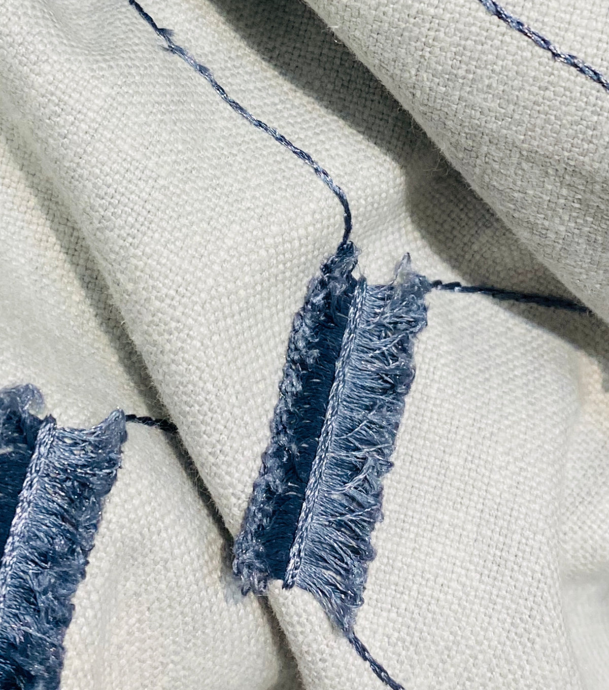 NEW! SALE! Prince Juniper Novelty 100% Linen Fabric Geometric Tassle Embroidery- Natural and Blue - Fancy Styles Fabric Pierre Frey Lee Jofa Brunschwig & Fils