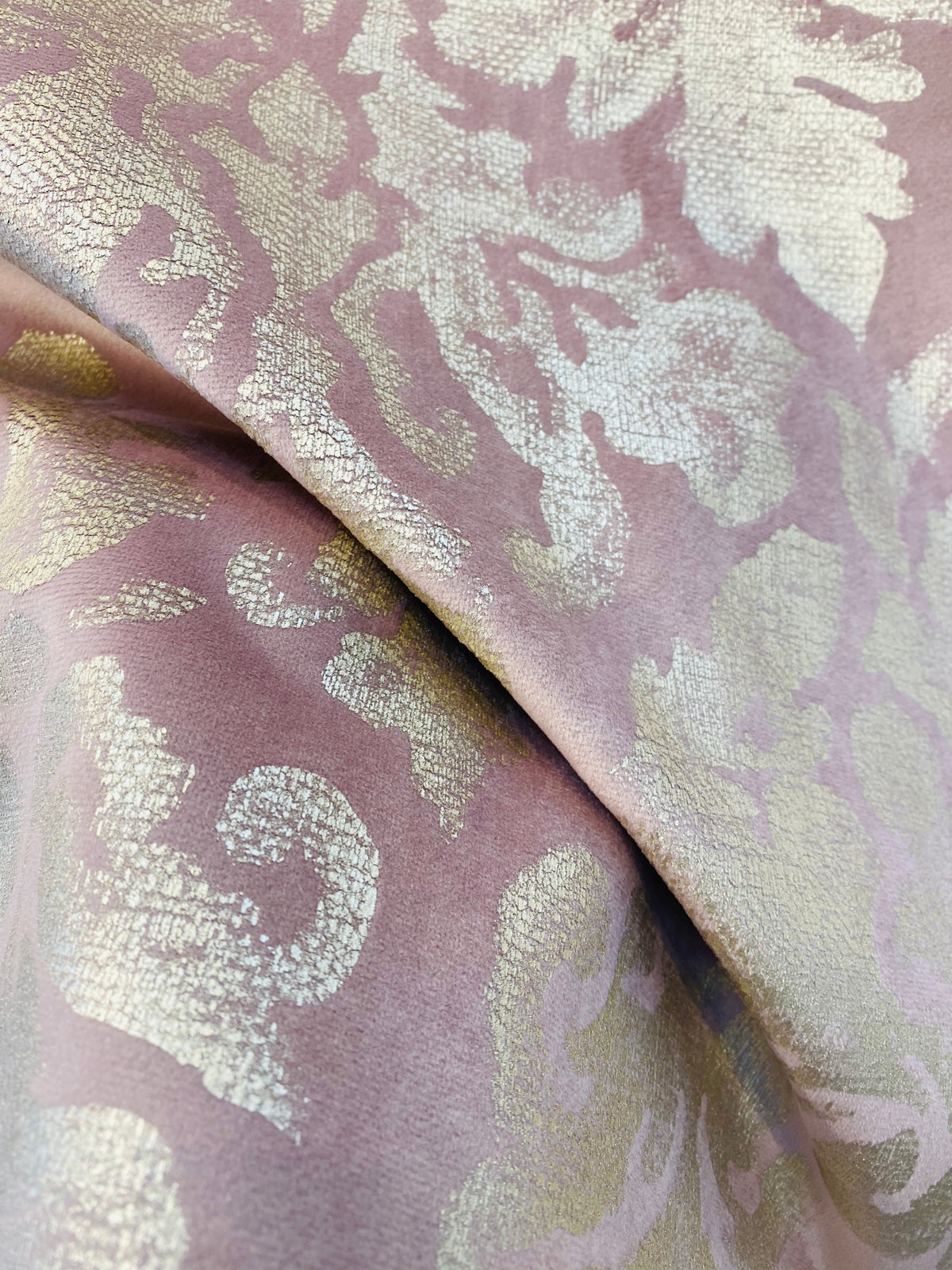 NEW! Lady Calentine Designer Burnout Antique Inspired Velvet Fabric Pink And Gold - Fancy Styles Fabric Pierre Frey Lee Jofa Brunschwig & Fils