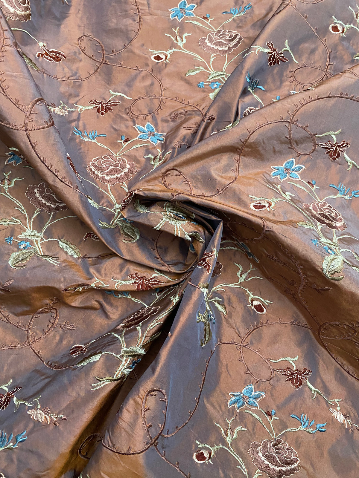Fat Quarter: Queen Dragonia Novelty 100% Silk Dupioni Embroidered Floral Fabric - Copper Blue Iridescence - Fancy Styles Fabric Pierre Frey Lee Jofa Brunschwig & Fils