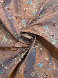 Fat Quarter: Queen Dragonia Novelty 100% Silk Dupioni Embroidered Floral Fabric - Copper Blue Iridescence - Fancy Styles Fabric Pierre Frey Lee Jofa Brunschwig & Fils