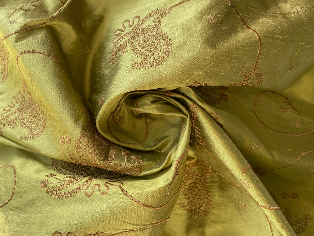 NEW Duchess Daria 100% Silk Dupioni Embroidered Floral Fabric- Chartreuse Green Gold with Copper Flowers - Fancy Styles Fabric Pierre Frey Lee Jofa Brunschwig & Fils