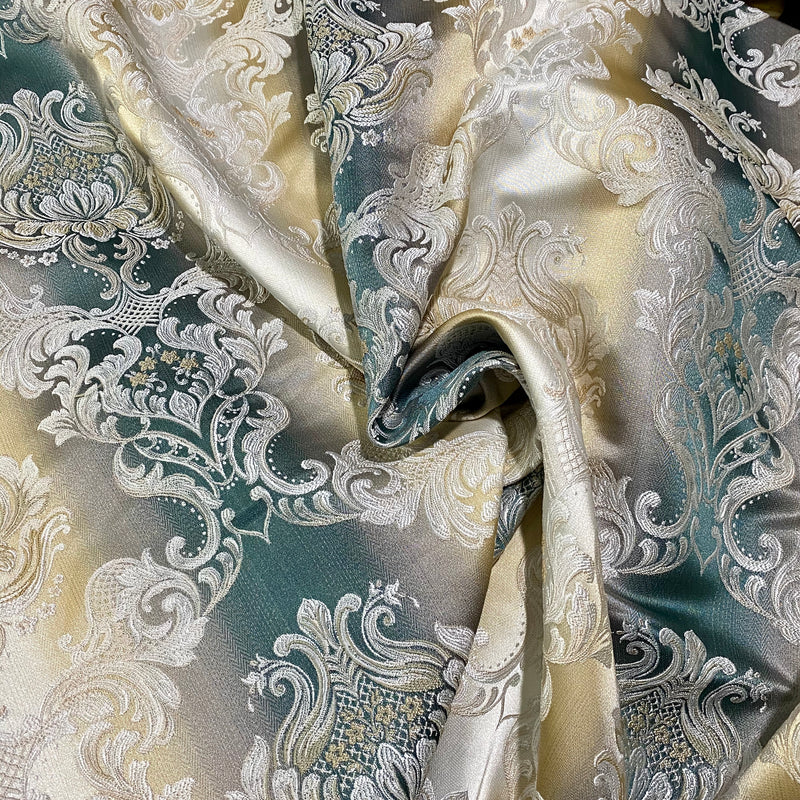 NEW King Louis XIV Novelty Neoclassical Brocade Medallion Floral Satin Fabric - Teal