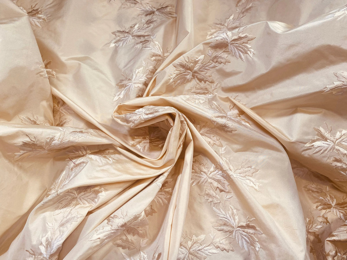 Fat Quarter: Queen Lafayette Novelty Couture 100% Silk Taffeta Embroidered Leaf Motif Fabric Cream - Fancy Styles Fabric Pierre Frey Lee Jofa Brunschwig & Fils