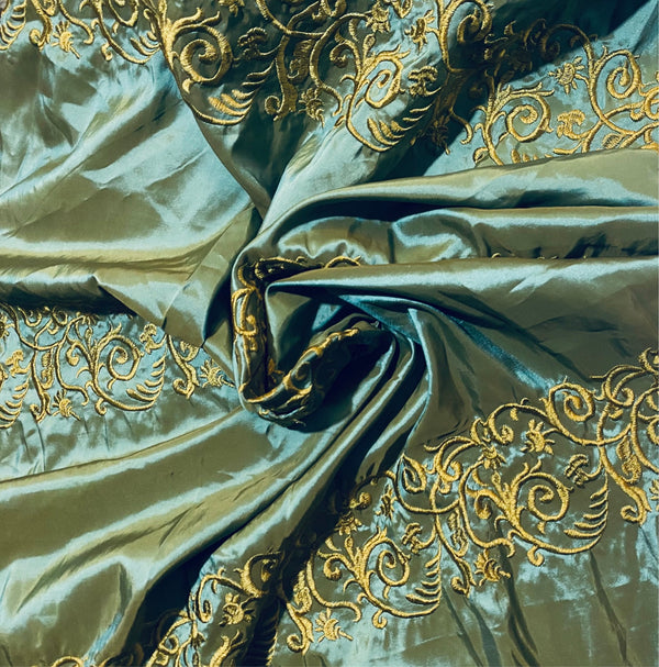 NEW Lady Linda Teal “Faux Silk”Embroidered Fabric in Teal and Gold - Fancy Styles Fabric Pierre Frey Lee Jofa Brunschwig & Fils