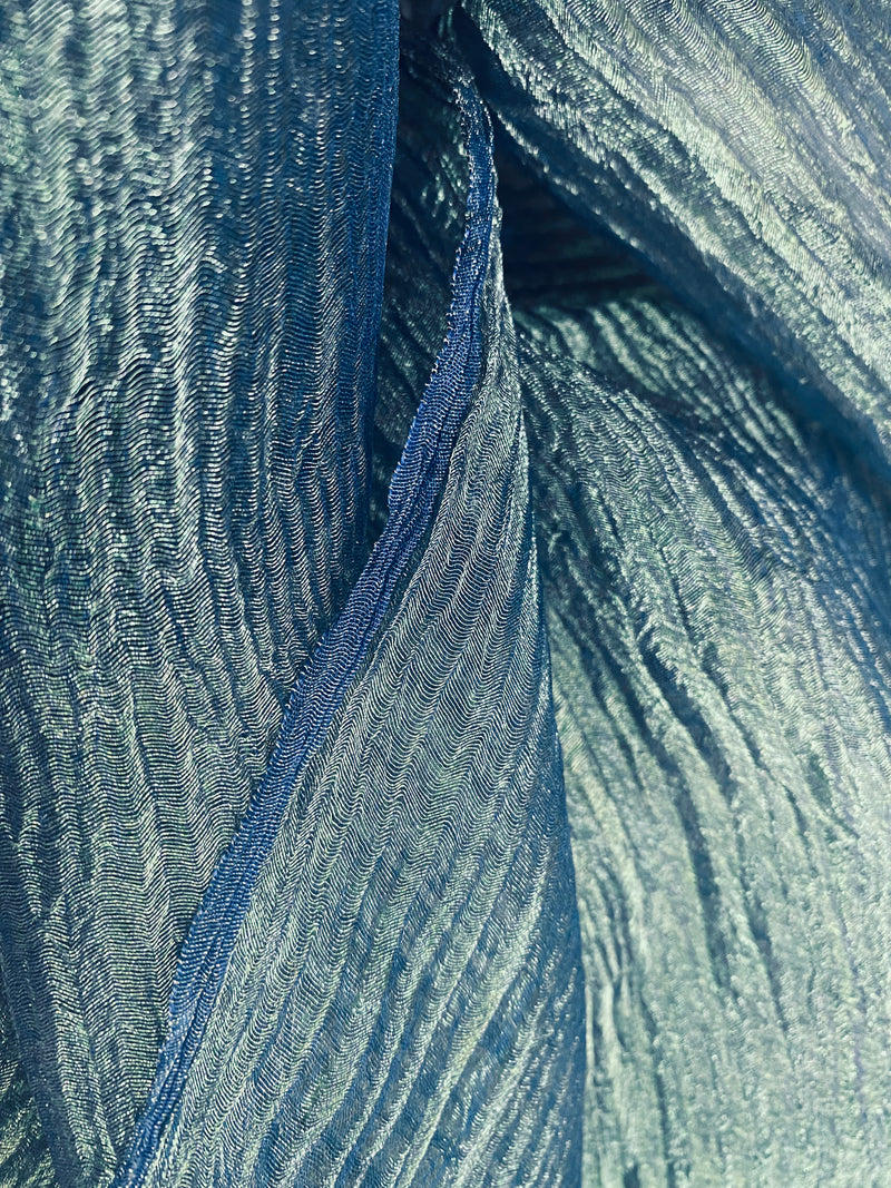 NEW Lady Daffodil 100% Silk & Lurex Crinkle Organza Fabric - Blue Green Iridescent