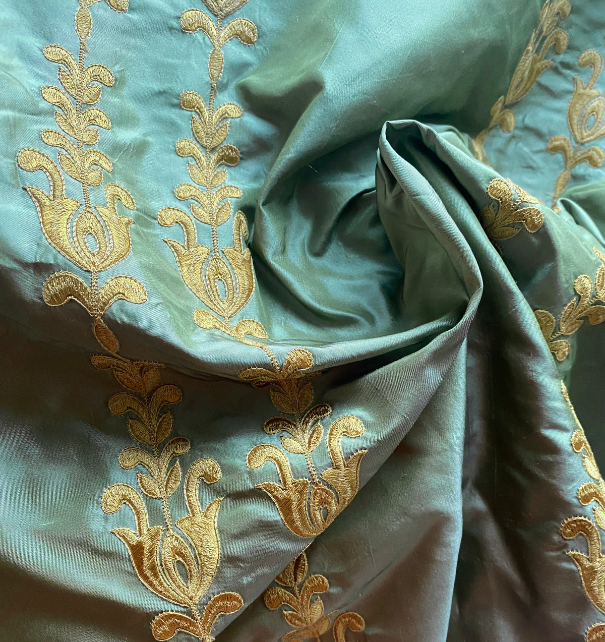 NEW Queen Marguerite 100% Silk Taffeta Dupioni Green Fabric - Gold Embroidered- SB_3_20 - Fancy Styles Fabric Pierre Frey Lee Jofa Brunschwig & Fils
