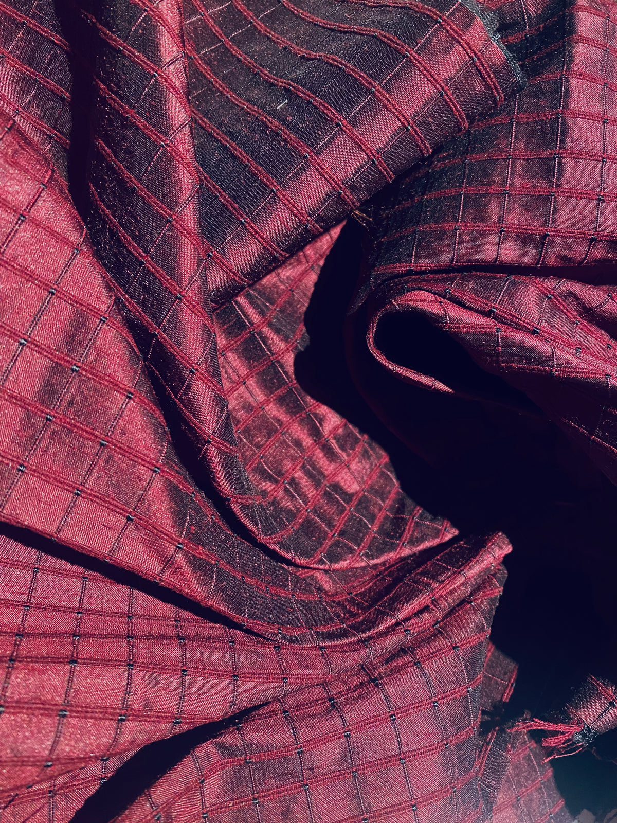 NEW Duchess Jenna 100% Silk Taffeta Fabric- Burgundy Red Black Shot Embroidered Squares- SB_6_8 - Fancy Styles Fabric Pierre Frey Lee Jofa Brunschwig & Fils