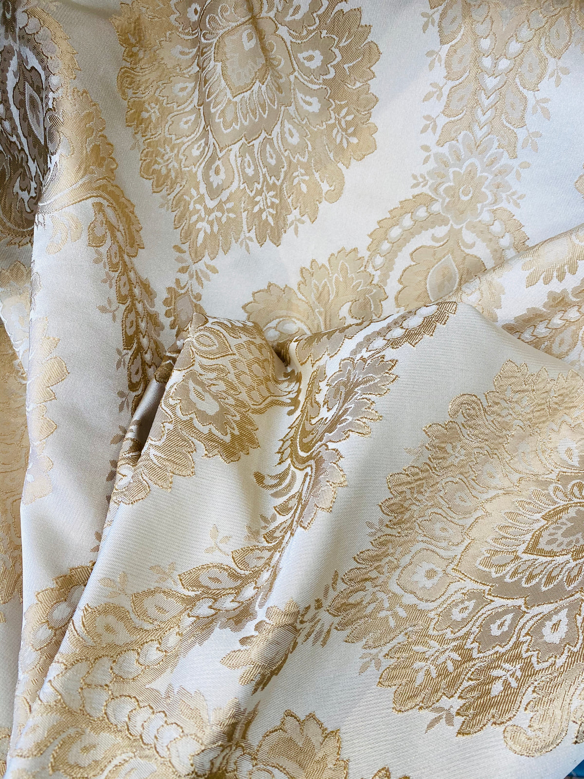 NEW! Prince Prescott Brocade Medallion Satin Fabric- Peach Gold and White - Fancy Styles Fabric Pierre Frey Lee Jofa Brunschwig & Fils