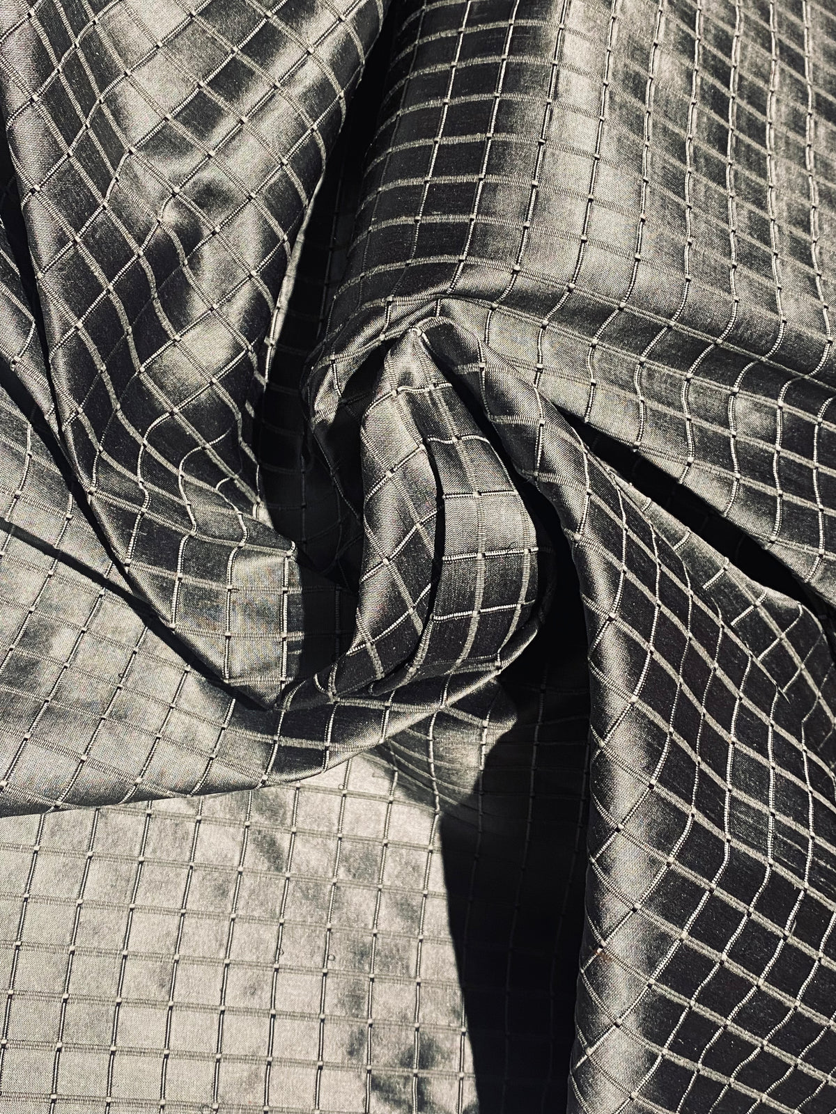 NEW Duchess Jenna 100% Silk Taffeta Fabric- Pewter with Embroidered Squares- SB_6_10 - Fancy Styles Fabric Pierre Frey Lee Jofa Brunschwig & Fils