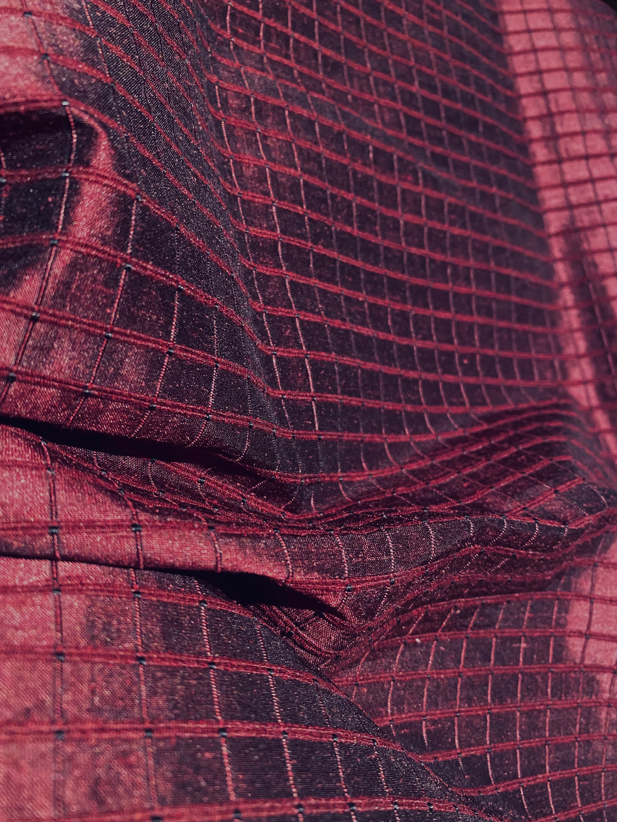 NEW Duchess Jenna 100% Silk Taffeta Fabric- Burgundy Red Black Shot Embroidered Squares- SB_6_8 - Fancy Styles Fabric Pierre Frey Lee Jofa Brunschwig & Fils