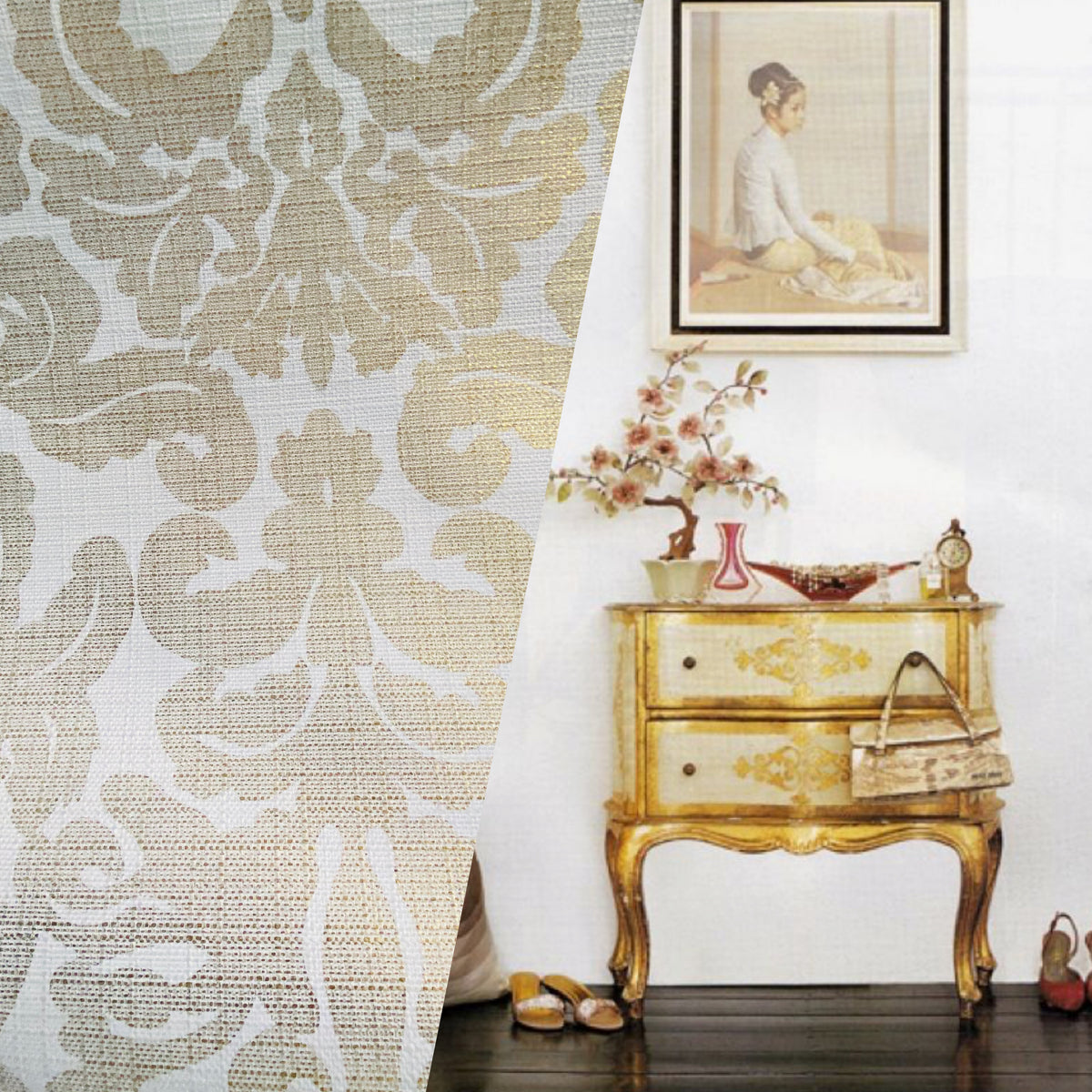 NEW Sir Jacques Metallic Linen Inspired Upholstery Damask Print Drapery Fabric- Gold White - Fancy Styles Fabric Pierre Frey Lee Jofa Brunschwig & Fils
