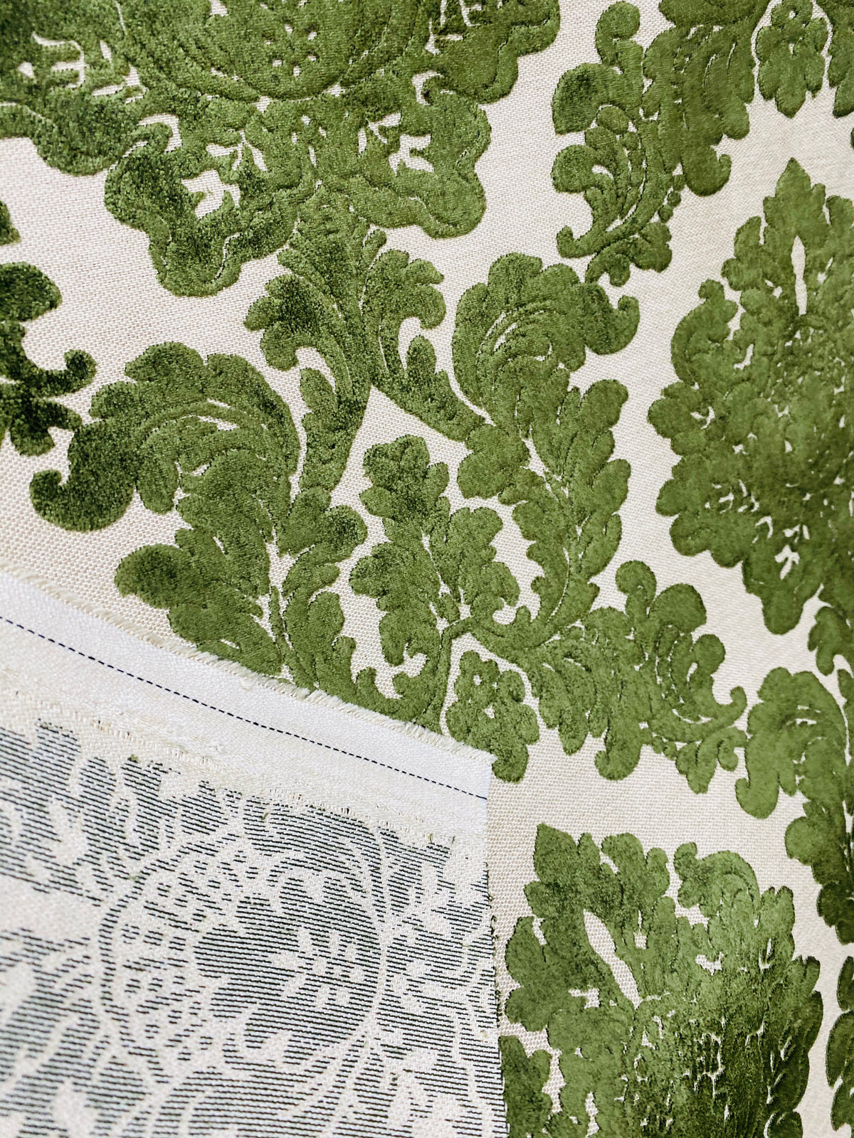 NEW! Duke Gabriel Designer Damask Burnout Chenille Velvet Fabric - Olive Green - Fancy Styles Fabric Pierre Frey Lee Jofa Brunschwig & Fils