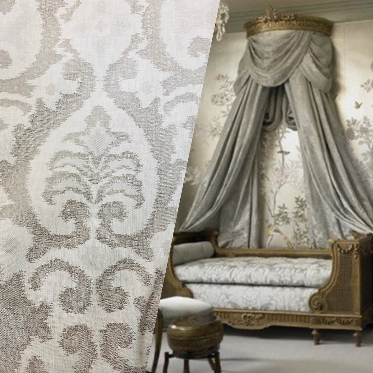 NEW COLOR! Duke Drake Novelty Imported 100% Linen Woven Medallion Fabric Silver and White - Fancy Styles Fabric Pierre Frey Lee Jofa Brunschwig & Fils