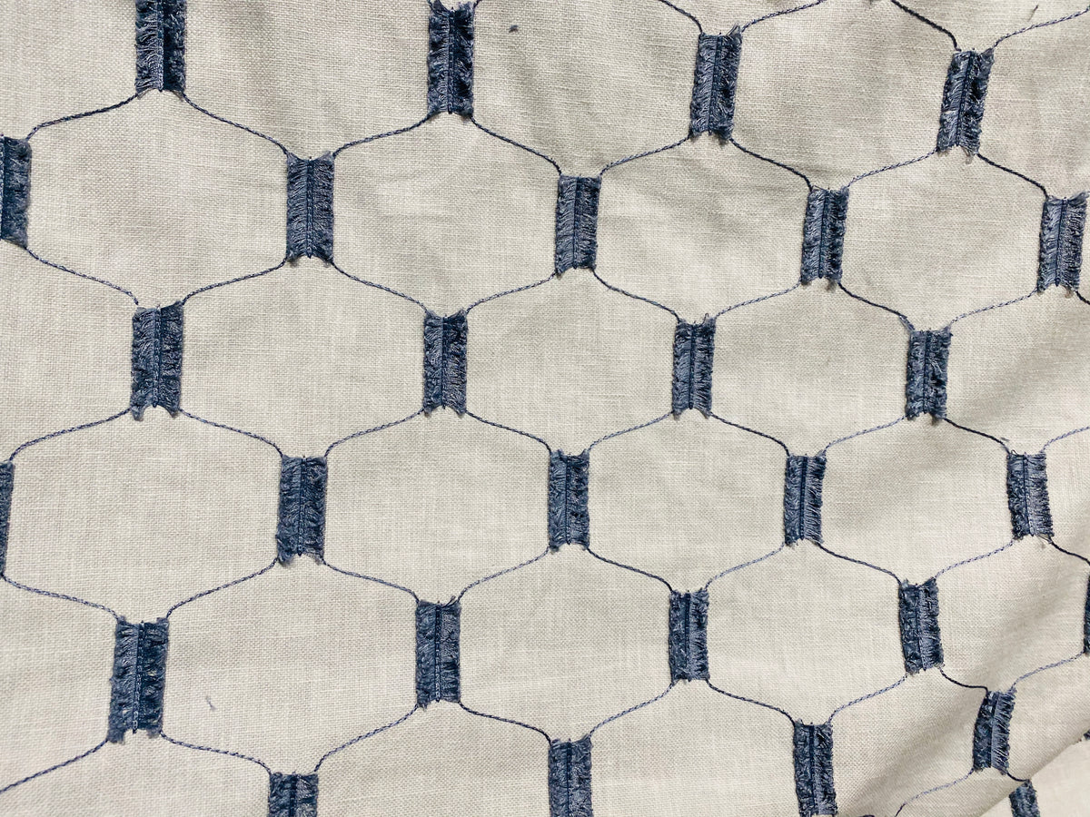 NEW! SALE! Prince Juniper Novelty 100% Linen Fabric Geometric Tassle Embroidery- Natural and Blue - Fancy Styles Fabric Pierre Frey Lee Jofa Brunschwig & Fils