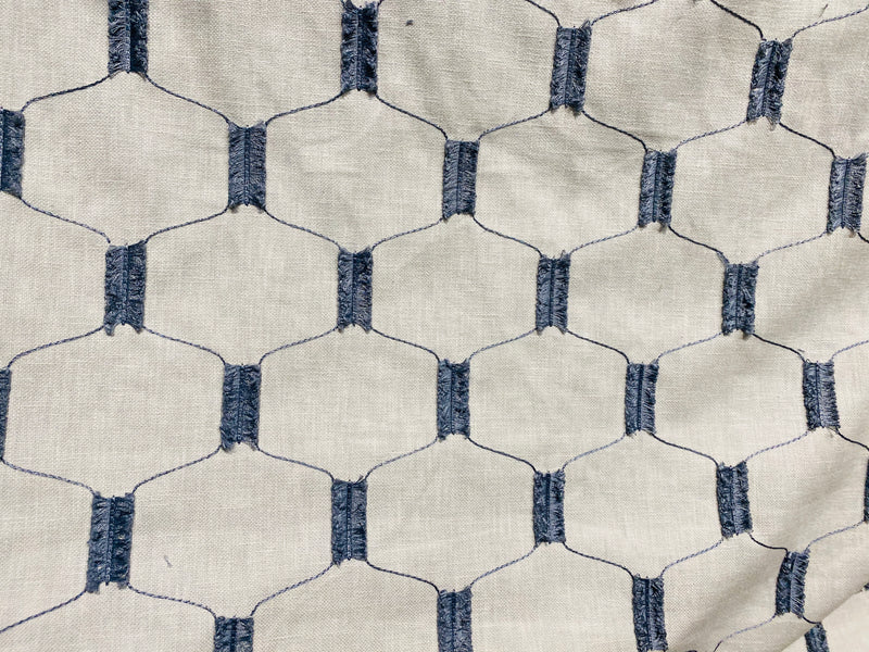 NEW! SALE! Prince Juniper Novelty 100% Linen Fabric Geometric Tassle Embroidery- Natural and Blue
