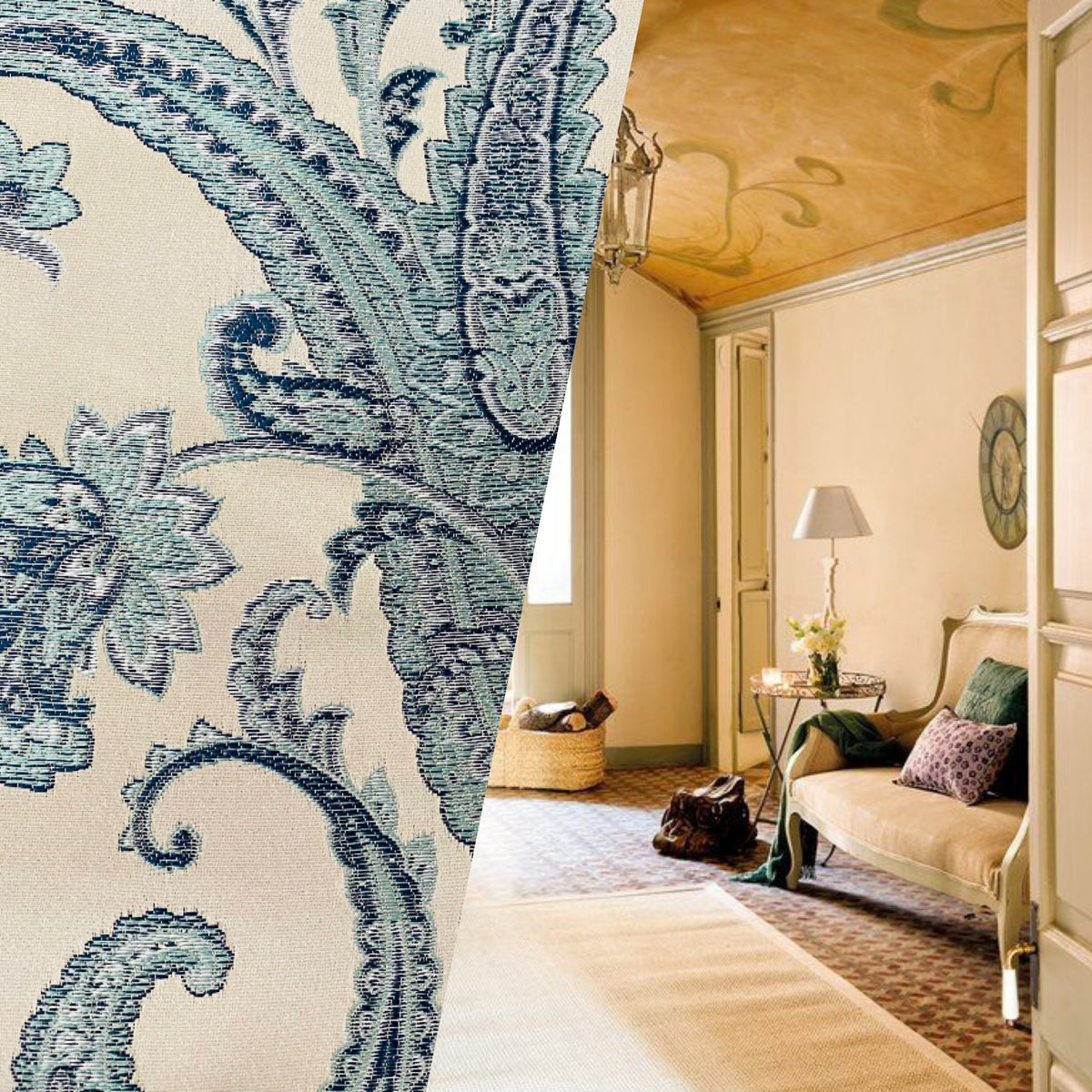 NEW Queen Kat Jacquard Satin Paisley Fabric Made in Italy- Upholstery & Drapery- Blue and Nude Pink - Fancy Styles Fabric Pierre Frey Lee Jofa Brunschwig & Fils
