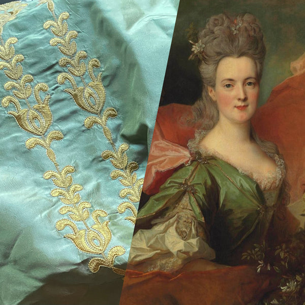 NEW Queen Marguerite 100% Silk Taffeta Dupioni Green Fabric - Gold Embroidered- SB_3_20 - Fancy Styles Fabric Pierre Frey Lee Jofa Brunschwig & Fils