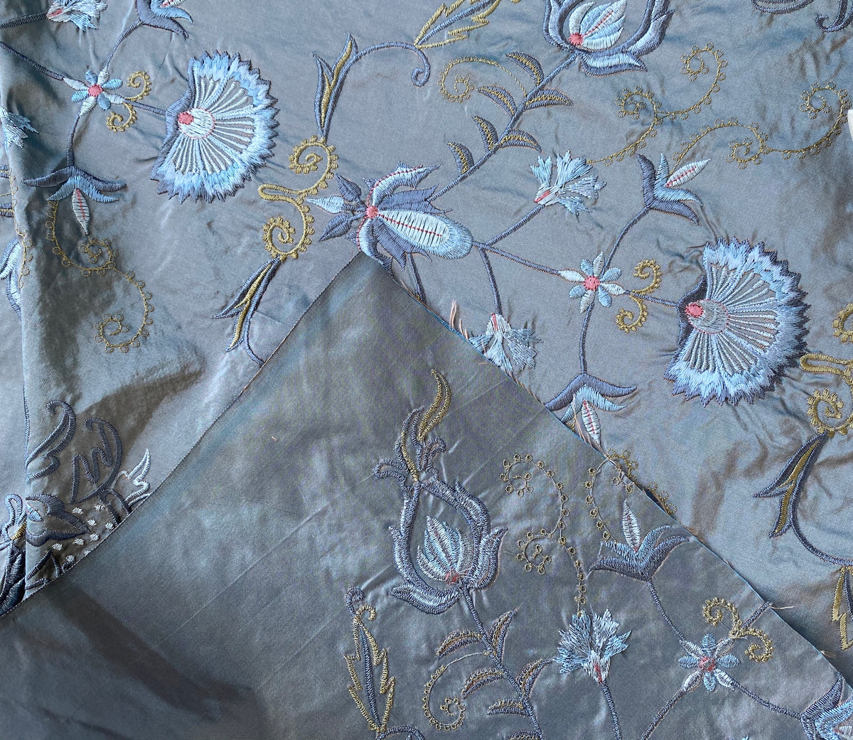 NEW! Duchess Drew Novelty 100% Silk Taffeta Embroidered Fabric - Made in India- Blue Grey - Fancy Styles Fabric Pierre Frey Lee Jofa Brunschwig & Fils