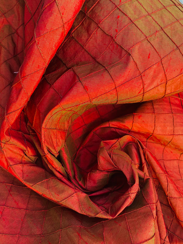 NEW Lady Morgan 100% Silk Dupioni with Pintuck Diamond Motif Fabric in Red with Green Iridescence SB_5_23 - Fancy Styles Fabric Pierre Frey Lee Jofa Brunschwig & Fils