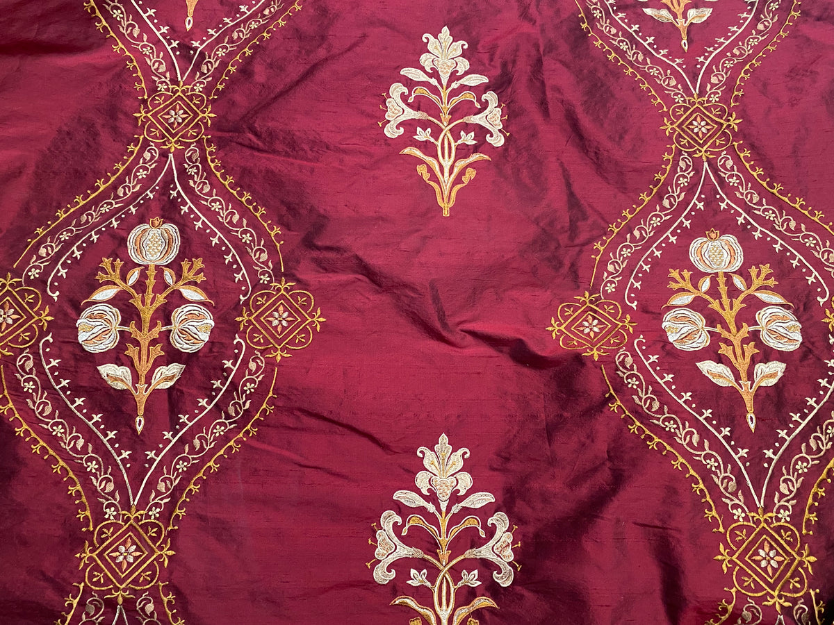 NEW! Queen Riviera Novelty 100% Silk Dupioni Embroidered Floral Fabric - Red - Fancy Styles Fabric Pierre Frey Lee Jofa Brunschwig & Fils