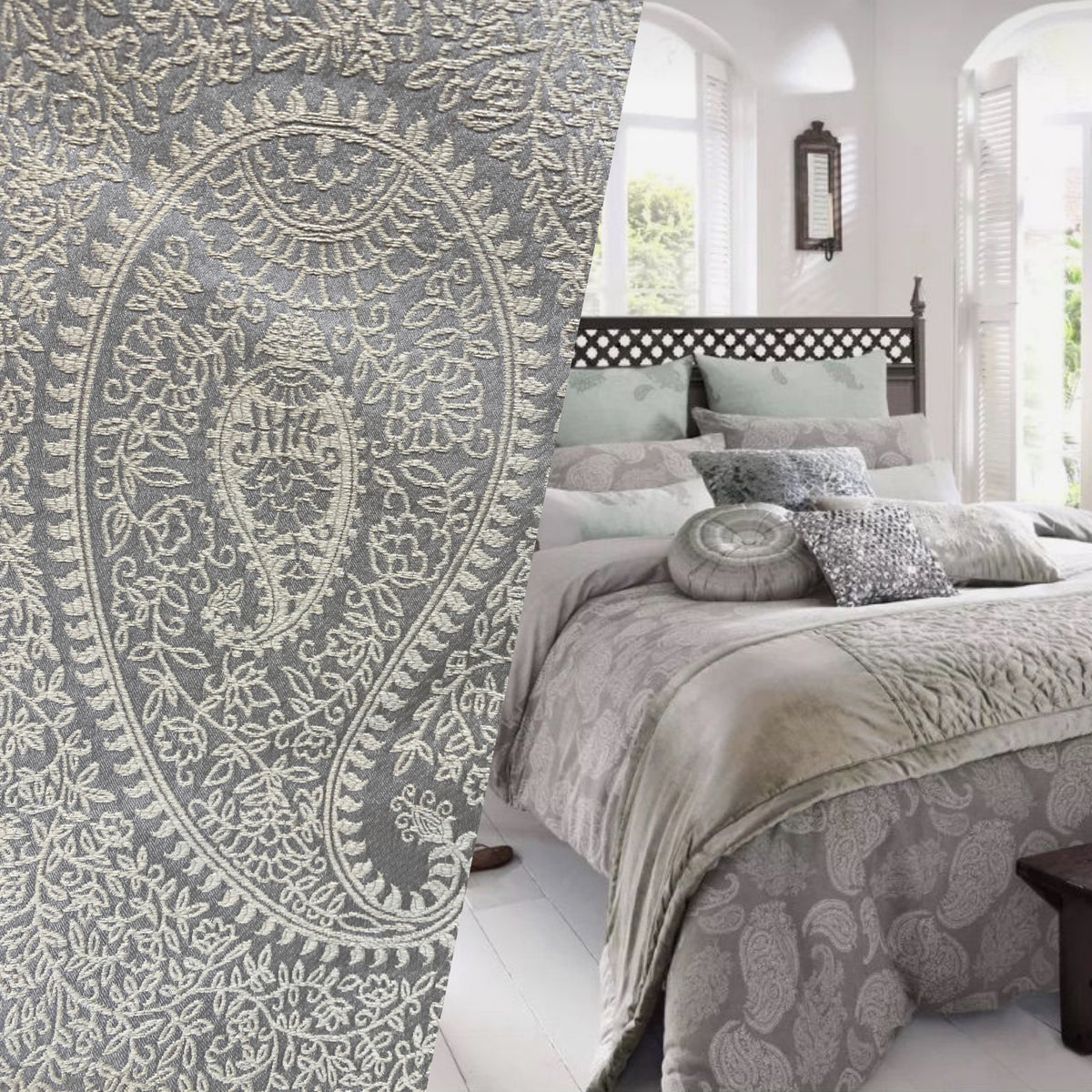NEW Queen Marley Satin Paisley Jacquard Fabric- Upholstery & Drapery- Grey - Fancy Styles Fabric Pierre Frey Lee Jofa Brunschwig & Fils