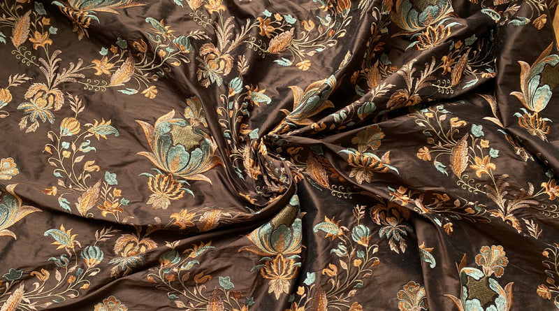 NEW! Lady Jacqueline Novelty 100% Silk Dupioni Embroidered Fabric - Made in India- Brown, Blue, Peach - Fancy Styles Fabric Pierre Frey Lee Jofa Brunschwig & Fils