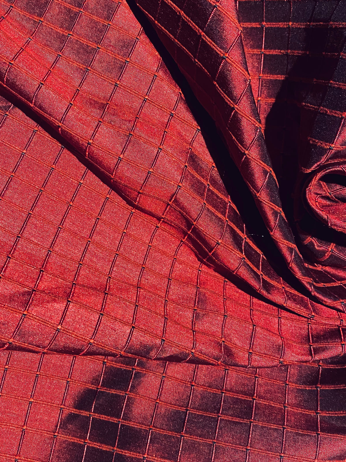 NEW Duchess Jenna 100% Silk Taffeta Fabric- Ruby Red with Embroidered Squares- SB_6_13 - Fancy Styles Fabric Pierre Frey Lee Jofa Brunschwig & Fils