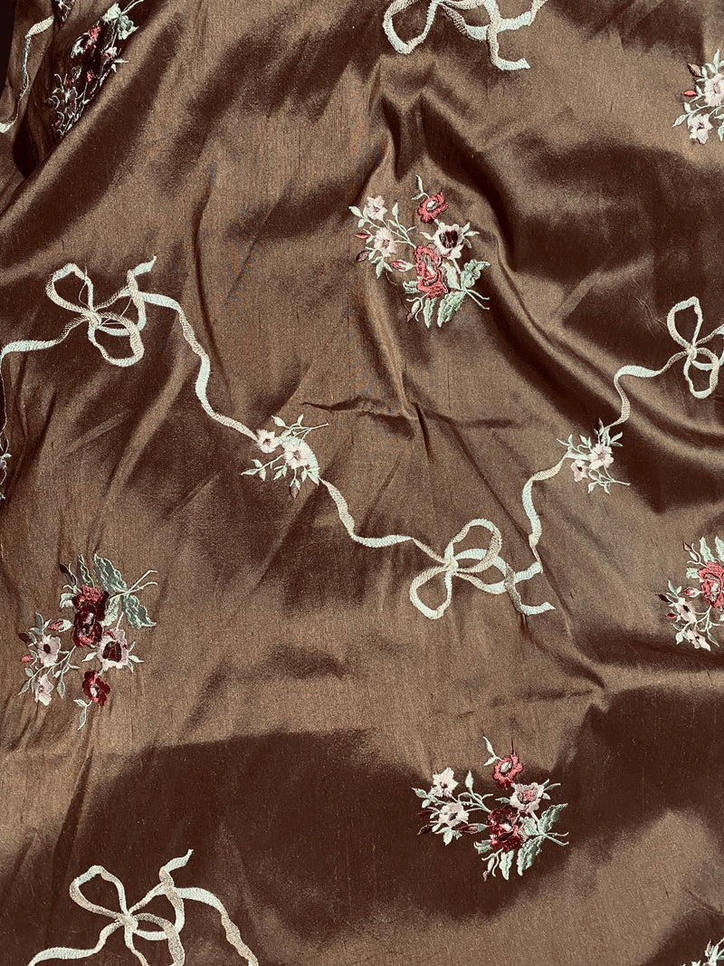 NEW! Princess Amelia Designer 100% Silk Dupioni Fabric - Brown Floral Bouquet with Bows - Fancy Styles Fabric Pierre Frey Lee Jofa Brunschwig & Fils