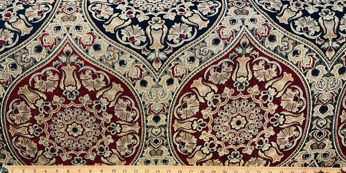 Queen Maria Designer Burnout Italian Velvet Fabric- Red, Navy, & Gold - Upholstery - Fancy Styles Fabric Pierre Frey Lee Jofa Brunschwig & Fils