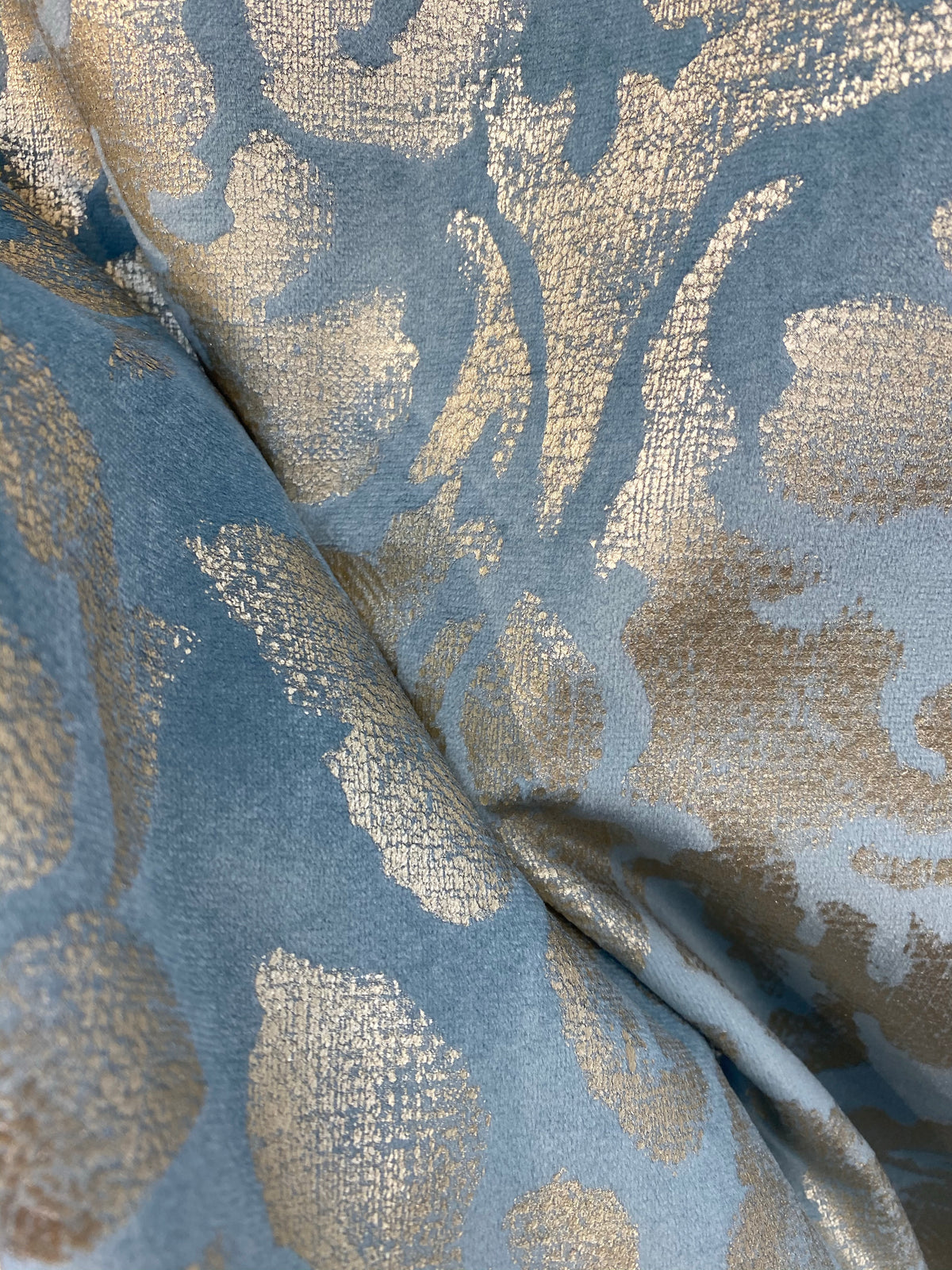 NEW! Lady Calentine Designer Burnout Antique Inspired Velvet Fabric Light Blue And Gold - Fancy Styles Fabric Pierre Frey Lee Jofa Brunschwig & Fils