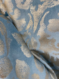 NEW! Lady Calentine Designer Burnout Antique Inspired Velvet Fabric Light Blue And Gold - Fancy Styles Fabric Pierre Frey Lee Jofa Brunschwig & Fils