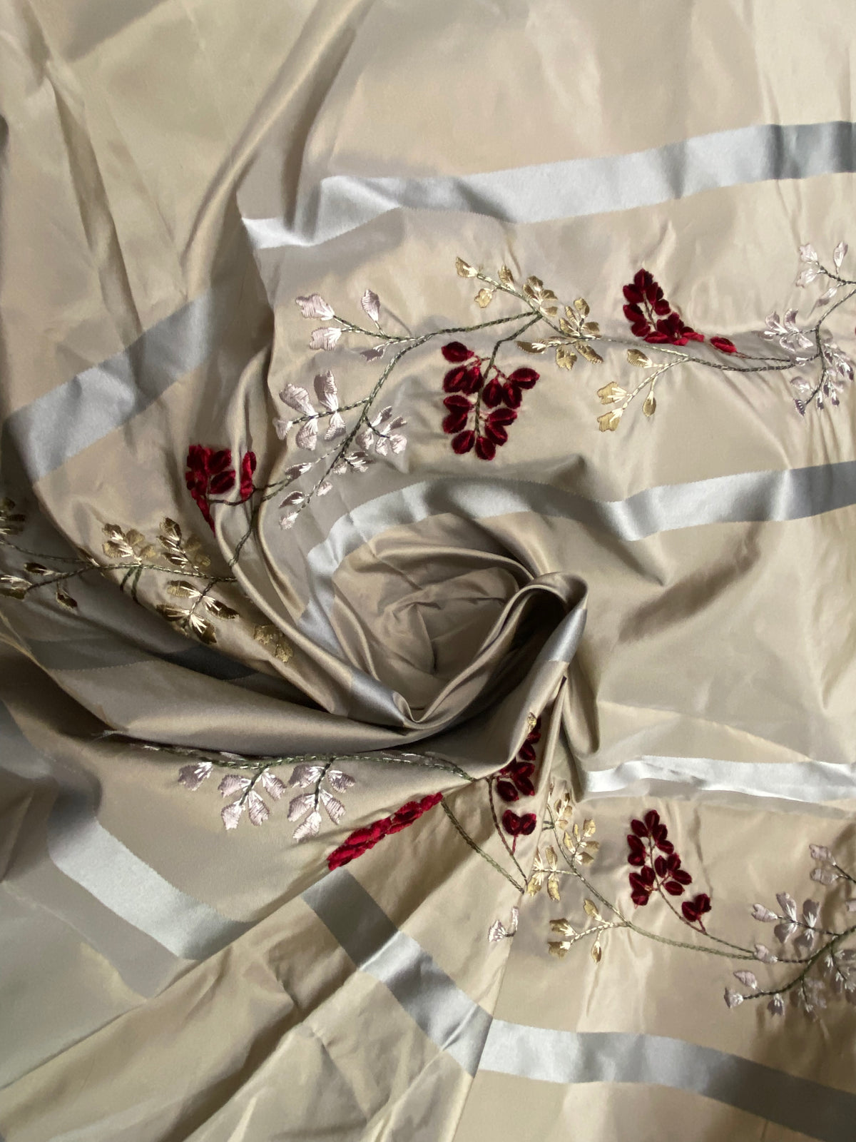 Lady Lana Designer 100% Silk Taffeta Embroidered Fabric- Grey Burgundy Stripe Floral - Fancy Styles Fabric Pierre Frey Lee Jofa Brunschwig & Fils