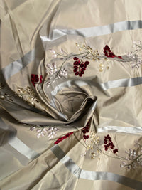 Lady Lana Designer 100% Silk Taffeta Embroidered Fabric- Grey Burgundy Stripe Floral - Fancy Styles Fabric Pierre Frey Lee Jofa Brunschwig & Fils
