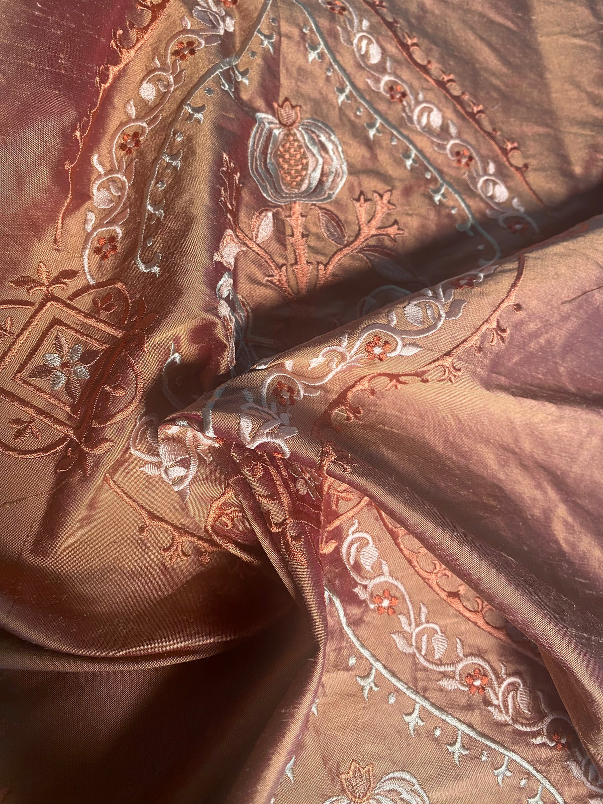 NEW Queen Riviera Novelty 100% Silk Dupioni Embroidered Floral Fabric - Copper Pink - Fancy Styles Fabric Pierre Frey Lee Jofa Brunschwig & Fils