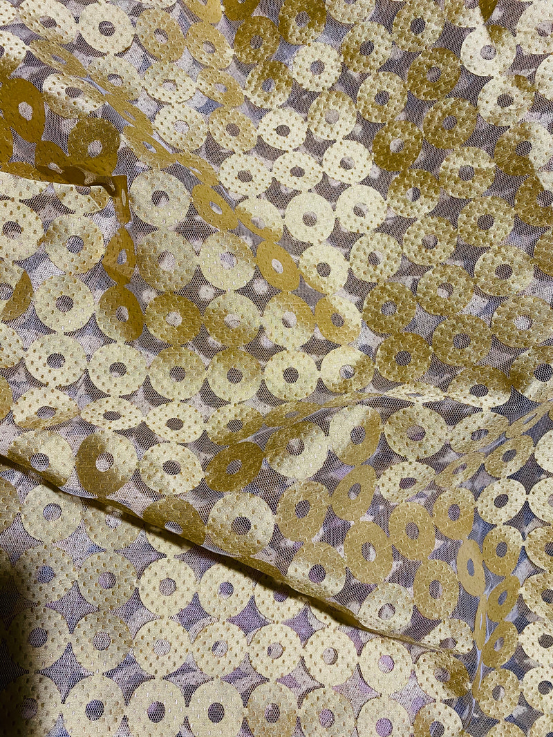 NEW Novelty “Lady Armor” Gold Circles on Mesh Fabric